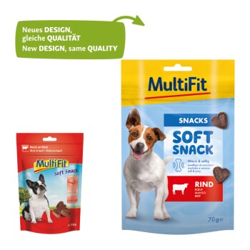 Two MultiFit pet snack bags: a red "Soft Snack" with a dog and a blue "Soft Snack" with a happy dog, both beef-flavored.