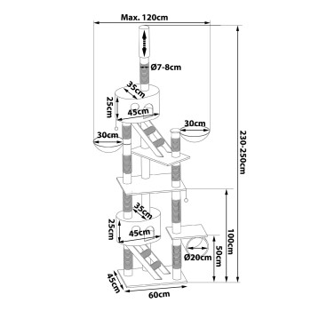Abmessungen und Design-Illustration eines Katzenbaums, mit mehreren Ebenen, Kratzpfosten und einer maximalen Höhe von 250 cm.