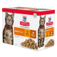 Hill's Science Plan Poultry Selection Katzenfutterbox mit einer getigerten Katze, beschriftet 'Erwachsene 1-6', mit 6 Portionen Huhn und 6 Portionen Truthahn.