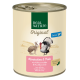 Dose Real Nature Hundefutter mit der Aufschrift 'Junior', die Illustrationen eines Kaninchens und einer Pute zeigt, mit dem Text 'Kaninchens & Pute' und aufgelisteten Zutaten.