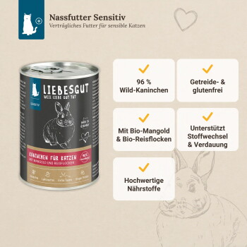 Dose Liebesgut Nassfutter 'Nassfutter Sensitiv' — 96% Wildkaninchen, getreide- & glutenfrei, mit Bio-Mangold und Reisflocken.