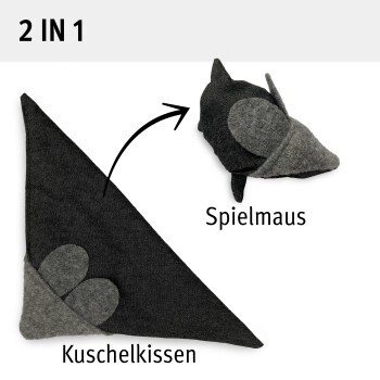 2-in-1 schwarzes und graues Haustierspielzeug, das sich von einem Kuschelkissen zu einer Spielmaus verwandelt.