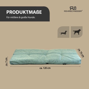 Die Abmessungen des Hundebetts werden angezeigt: ungefähr 120 cm lang, 75 cm breit und 7 cm dick, geeignet für mittelgroße bis große Hunde.