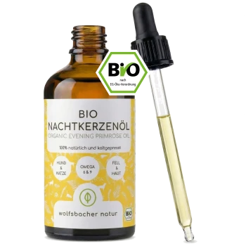 Flasche mit biologischem Nachtkerzenöl für Haustiere, beschriftet 'BIO NACHTKERZENÖL', geeignet für Hunde und Katzen unter 14 kg, mit einer Pipette.