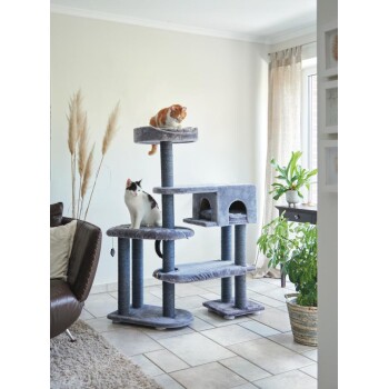 Arbre à chat gris à plusieurs niveaux avec deux chats : un chat tigré orange en haut et un chat noir et blanc au niveau intermédiaire dans un salon lumineux.