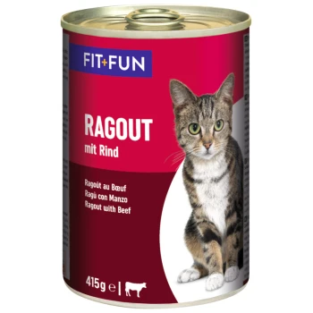 Puszka karmy dla kotów z tabby na etykiecie, z tekstem mówiącym "RAGOUT mit Rind" i "415g e".