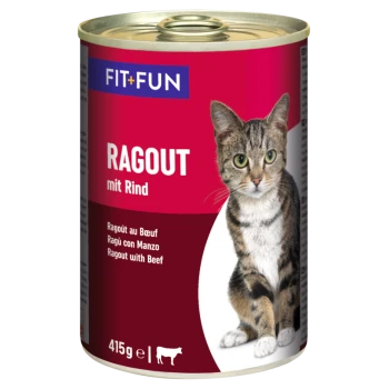 Puszka karmy dla kotów z tabby na etykiecie, z tekstem mówiącym "RAGOUT mit Rind" i "415g e".