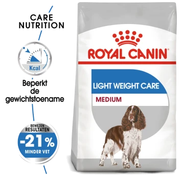 Royal Canin Light Weight Care hondenvoer zak met een illustratie van een middelgrote hond, die caloriecontrole en gewichtsbeheer benadrukt.