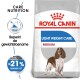 Royal Canin Light Weight Care hondenvoer zak met een illustratie van een middelgrote hond, die caloriecontrole en gewichtsbeheer benadrukt.