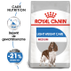 Royal Canin Light Weight Care hondenvoer zak met een illustratie van een middelgrote hond, die caloriecontrole en gewichtsbeheer benadrukt.