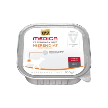 Select Gold Medica Veterinary Diet Nierendiät, 100g, dieetvoeding voor huisdieren ter ondersteuning van de nieren, met een honden-silhouet en het label "mit Rind."