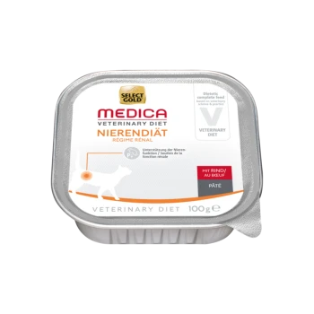 Select Gold Medica Veterinary Diet Nierendiät, 100g, nourriture diététique pour animaux de compagnie pour le soutien rénal, présentant une silhouette de chien et une étiquette "mit Rind."