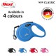 Blue flexi retractable dog leash with a circular design, labeled "Available in 4 colours," featuring black, red, and pink options below.
