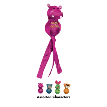 Jouet pour chien KONG Wubba hippopotame rose avec longues queues en tissu et inscription « KONG Wubba » ; vignettes « Personnages variés ».
