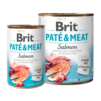 Zwei Dosen Brit Paté & Fleisch für Haustiere, mit der Aufschrift "Lachs," mit ganzen Stücken von Organen und Fleisch, mit den Angaben "Getreidefrei" und "Soja- & GMO-frei."