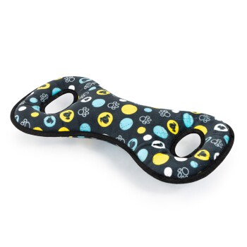 Buntes Hundespielzeug in Form einer Hantel, mit schwarzem Hintergrund und blauen, gelben und weißen Punkten sowie zwei Grifföffnungen.