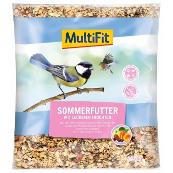 Eine Tüte MultiFit Sommervogelfutter mit einer Illustration einer Kohlmeise und dem Text: "Sommerfutter mit leckeren Früchten."