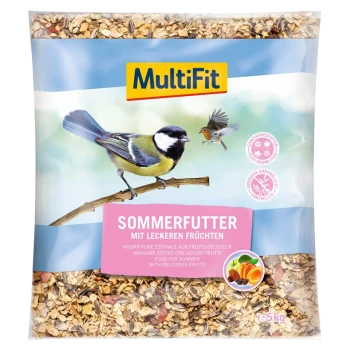 Eine Tüte MultiFit Sommervogelfutter mit einer Illustration einer Kohlmeise und dem Text: "Sommerfutter mit leckeren Früchten."