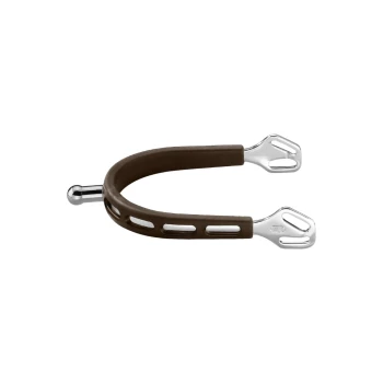 Brauner Gummireitsporn mit silbernen Metallenden, mit ausgeschnittenen Designs für Grip und Komfort.