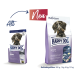 Neue und alte Verpackung von Happy Dog Senior Hundefutter, mit einem braunen Hund auf beiden Taschen, mit aufgeführten Nährwertangaben und Größen.