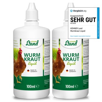 Zwei 110 ml Flaschen Hühner Land Wurm Kraut Flüssigkeit für Geflügel, hergestellt in Deutschland, mit Hühnerbild auf dem Etikett.
