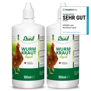 Zwei 110 ml Flaschen Hühner Land Wurm Kraut Flüssigkeit für Geflügel, hergestellt in Deutschland, mit Hühnerbild auf dem Etikett.