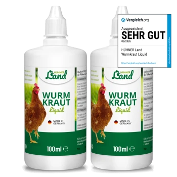 Zwei 110 ml Flaschen Hühner Land Wurm Kraut Flüssigkeit für Geflügel, hergestellt in Deutschland, mit Hühnerbild auf dem Etikett.