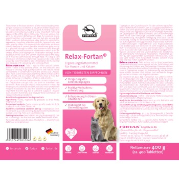 Relax-Fortan® Ergänzung für Hunde und Katzen, die Serotoninspiegel fördert, Angst reduziert und das Verhalten verbessert. 400g Verpackung.