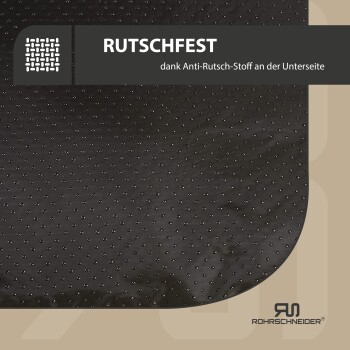 Schwarze rutschfeste Haustiermatte mit gepunkteter Textur, mit dem Text "RUTSCHFEST" und "dank Anti-Rutsch-Stoff an der Unterseite."