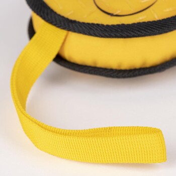 Yellow and black pet leash rolled up with a yellow handle, on a white background.