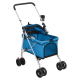Blauer Haustierwagen mit einem Netzoberteil, geräumigem Innenraum und einem Becherhalter, entworfen für den komfortablen Transport von Haustieren.