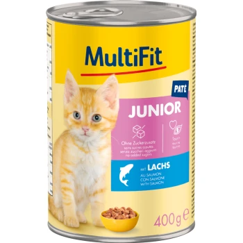 Eine Dose MultiFit Junior Katzenfutter mit einem süßen orangefarbenen Kätzchen-Label, Pastete mit Lachs, 400g, ohne zugesetzten Zucker.