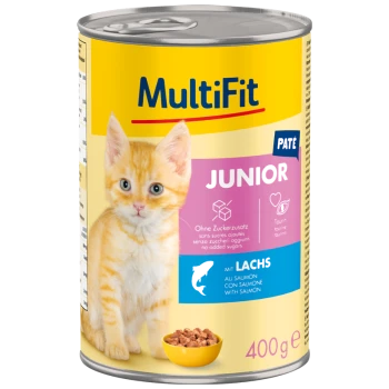 Eine Dose MultiFit Junior Katzenfutter mit einem süßen orangefarbenen Kätzchen-Label, Pastete mit Lachs, 400g, ohne zugesetzten Zucker.