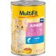 Eine Dose MultiFit Junior Katzenfutter mit einem süßen orangefarbenen Kätzchen-Label, Pastete mit Lachs, 400g, ohne zugesetzten Zucker.