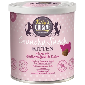 Runder, rosa Behälter mit der Aufschrift "Kitty's Cuisine Crunchy Snack KITTEN", mit Katzen, Herz, Huhn, Süßkartoffeln und ohne Getreide.
