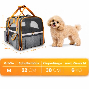 Grau Haustiertrage mit orangefarbenen Akzenten, Netzseiten, Größenoptionen M und L, und einer Tabelle mit Maßen auf Deutsch.