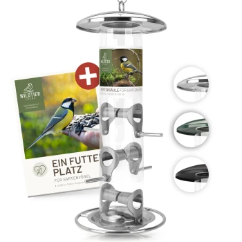 Futtersäule für Samen, Körner & Kerne 35cm, Silber Ein klarer Röhrenfutterspender für Vögel mit Metallteilen, beschriftet mit "WILDTIER LIEBE Futterstütze für Gartenvögel," zeigt eine Kohlmeise.