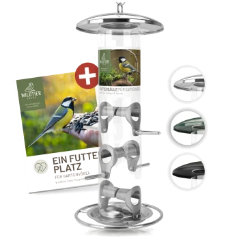 Ein klarer Röhrenfutterspender für Vögel mit Metallteilen, beschriftet mit "WILDTIER LIEBE Futterstütze für Gartenvögel," zeigt eine Kohlmeise.