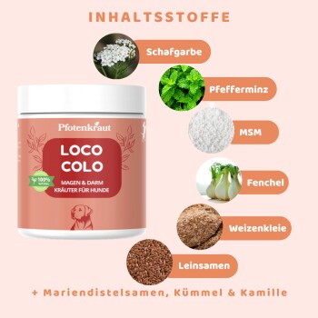 Glas mit Pfotenkraut Loco Colo Hundekräutern mit Inhaltsstoffen: Schafgarbe, Pfefferminze, MSM, Fenchel, Weizenkleie, Leinsamen und natürlichen Probiotika.