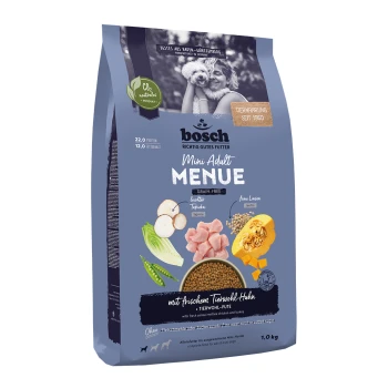 Bosch Mini Adult Menu getreidefreies Hundefutter Tasche, mit frischem Huhn und Truthahn, mit Zutaten wie Tapioka, Linsen und Gemüse.