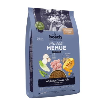 Bosch Mini Adult Menu getreidefreies Hundefutter Tasche, mit frischem Huhn und Truthahn, mit Zutaten wie Tapioka, Linsen und Gemüse.