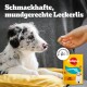 Welpe schaut auf eine Hand, die einen Leckerbissen anbietet, mit einer Pedigree Leckerbissen Tasty Minis Hundesnack-Tüte und deutschem Text.