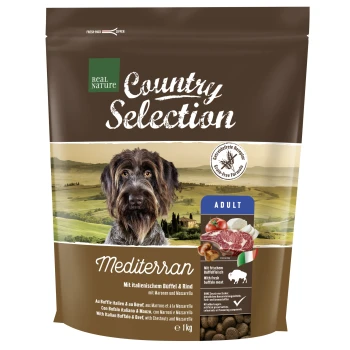 COUNTRY SELECTION Mediterran buffle et bœuf 1 kg Sac de nourriture pour chiens étiqueté "Real Nature Country Selection Mediterranean" avec un chien et des ingrédients : buffle, bœuf, châtaignes, mozzarella.