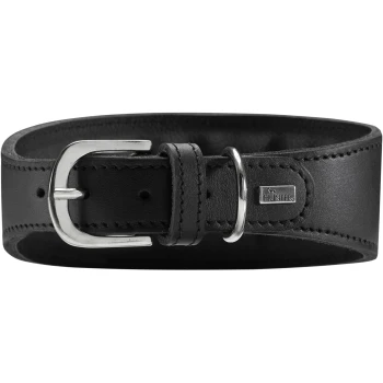 Schwarzes Lederhalsband für Hunde mit einer silbernen Schnalle und einem kleinen "HUNTER"-Logoanhänger.