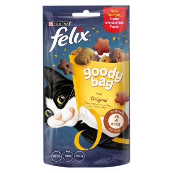 Colorful Purina Felix Goody Bag cat treats featuring a playful black and white cat, labeled "New Recipe, Same Irresistible Taste."