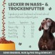 Bild von Tierfutterverpackung mit Trockenfutter, das aus einer Schüssel fällt. Der Text enthält Fütterungshinweise für Katzen und Hunde basierend auf dem Gewicht.