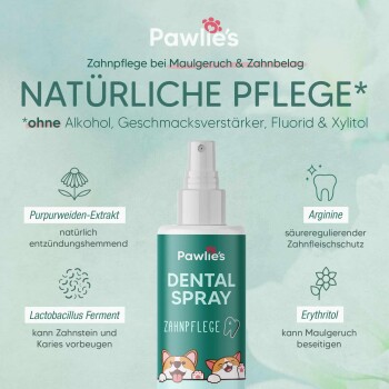Pawlie's Dental Spray für Haustiere in einer grünen Flasche fördert natürliche Mundpflege ohne Alkohol oder schädliche Zusatzstoffe.