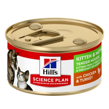Boîte de nourriture humide pour chat Hill's Science Plan pour chatons et mères, présentant une mousse tendre avec du poulet et de la dinde, recommandée par les vétérinaires.