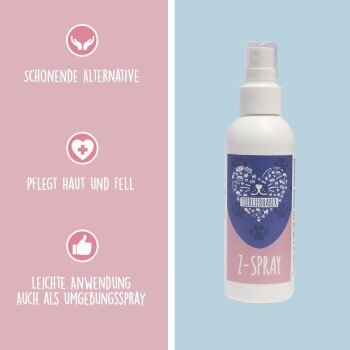 Flasche Z-Spray für Haustiere, mit Text, der seine sanfte Alternative, Haut- und Fellpflege und einfache Anwendung als Umweltspray hervorhebt.