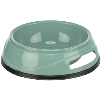 Gamelle en plastique verte pour animal avec base antidérapante noire et découpe de poignée latérale.